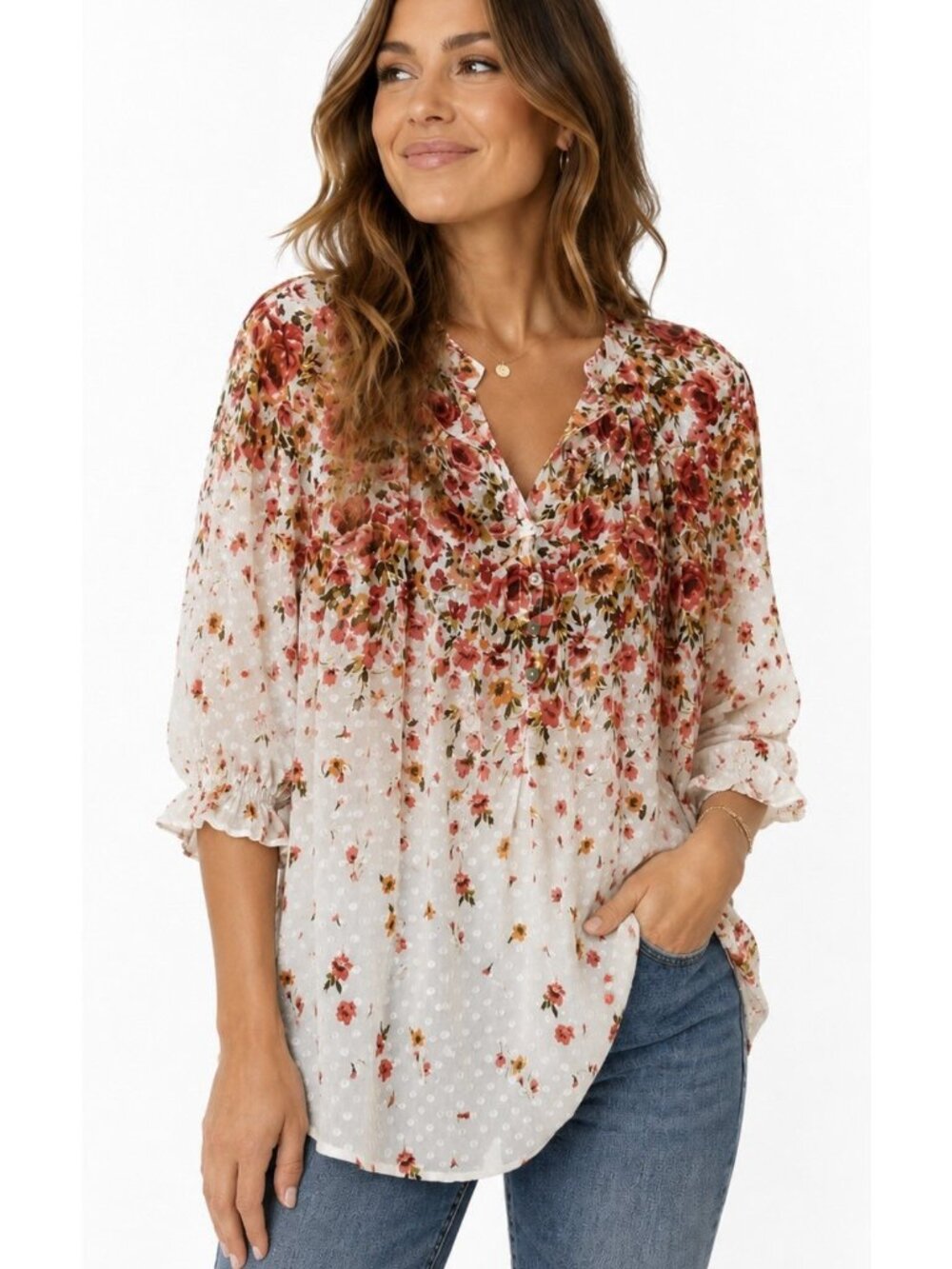 Anthropologie Fig And Flower Top Womens 3X Floral Semi Sheer Swiss Dot Popover